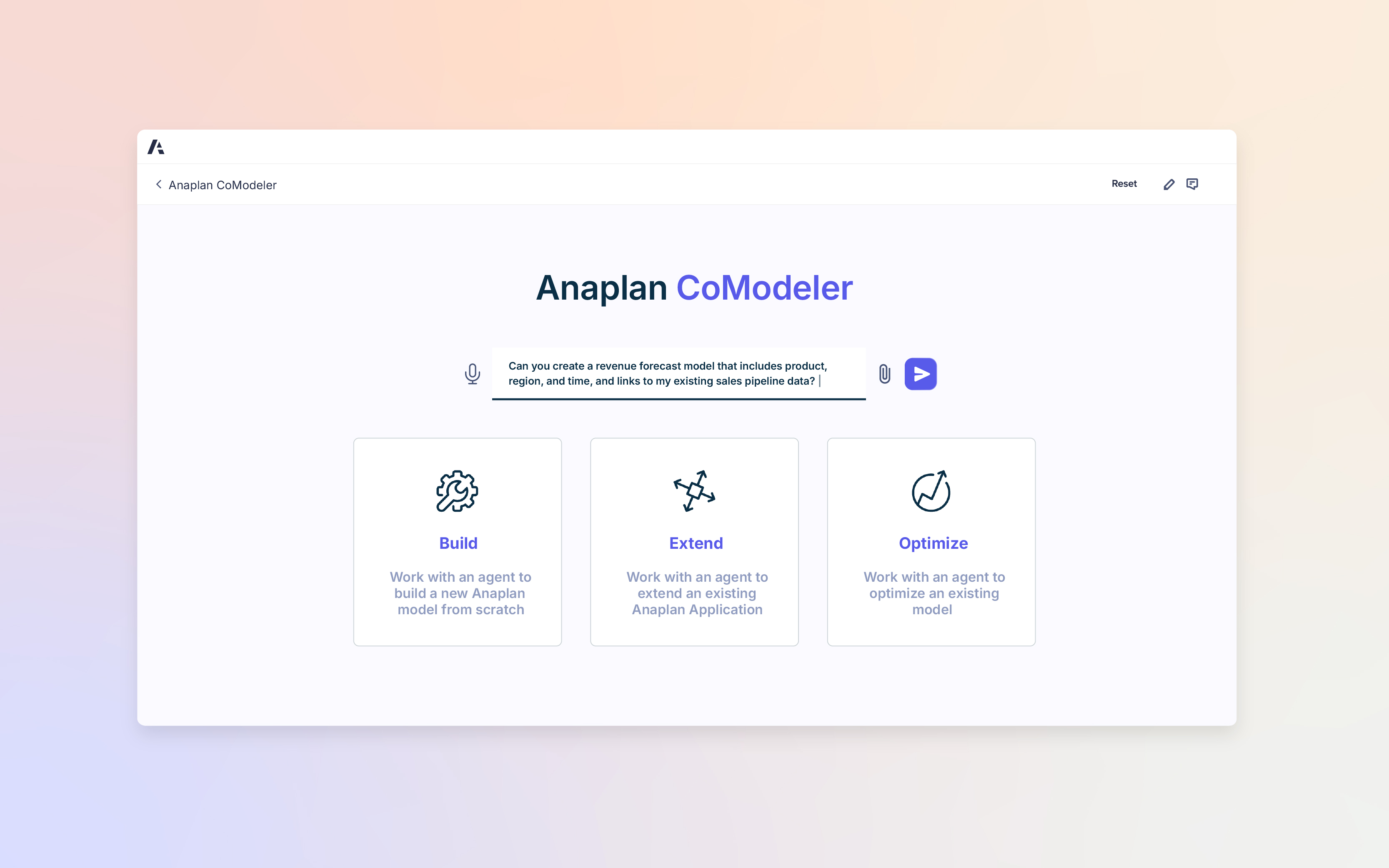 Anaplan CoModeler homepage with options to Build, Extend, and Optimize models. At the top, a conversational AI input box asks to create a revenue forecast model that includes product, region, and time with pipeline data.