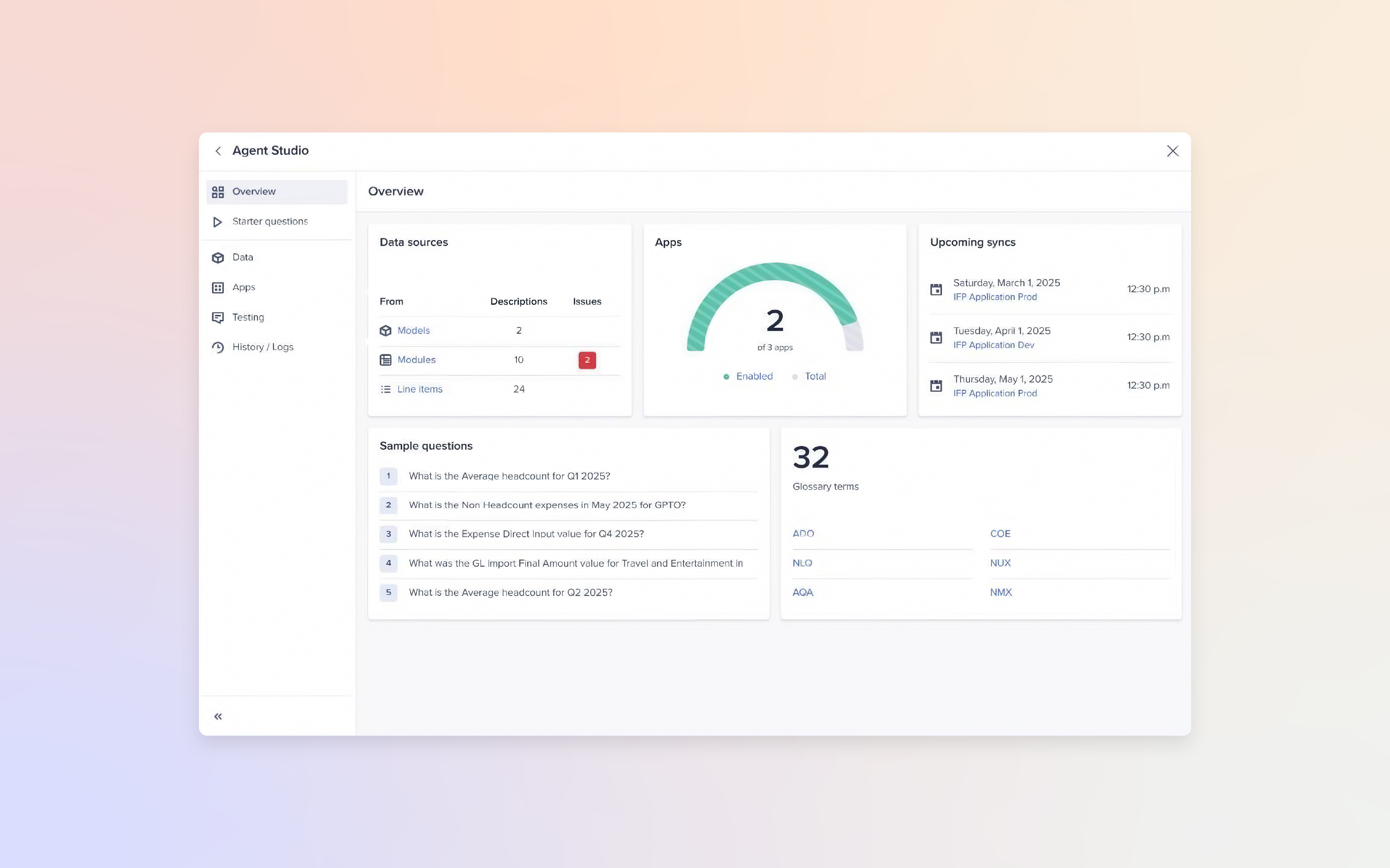 Agent Studio dashboard showing an overview of data sources, glossary terms, upcoming syncs, and enabled apps. The interface highlights sample questions an AI agent can answer, such as headcount or expense details.