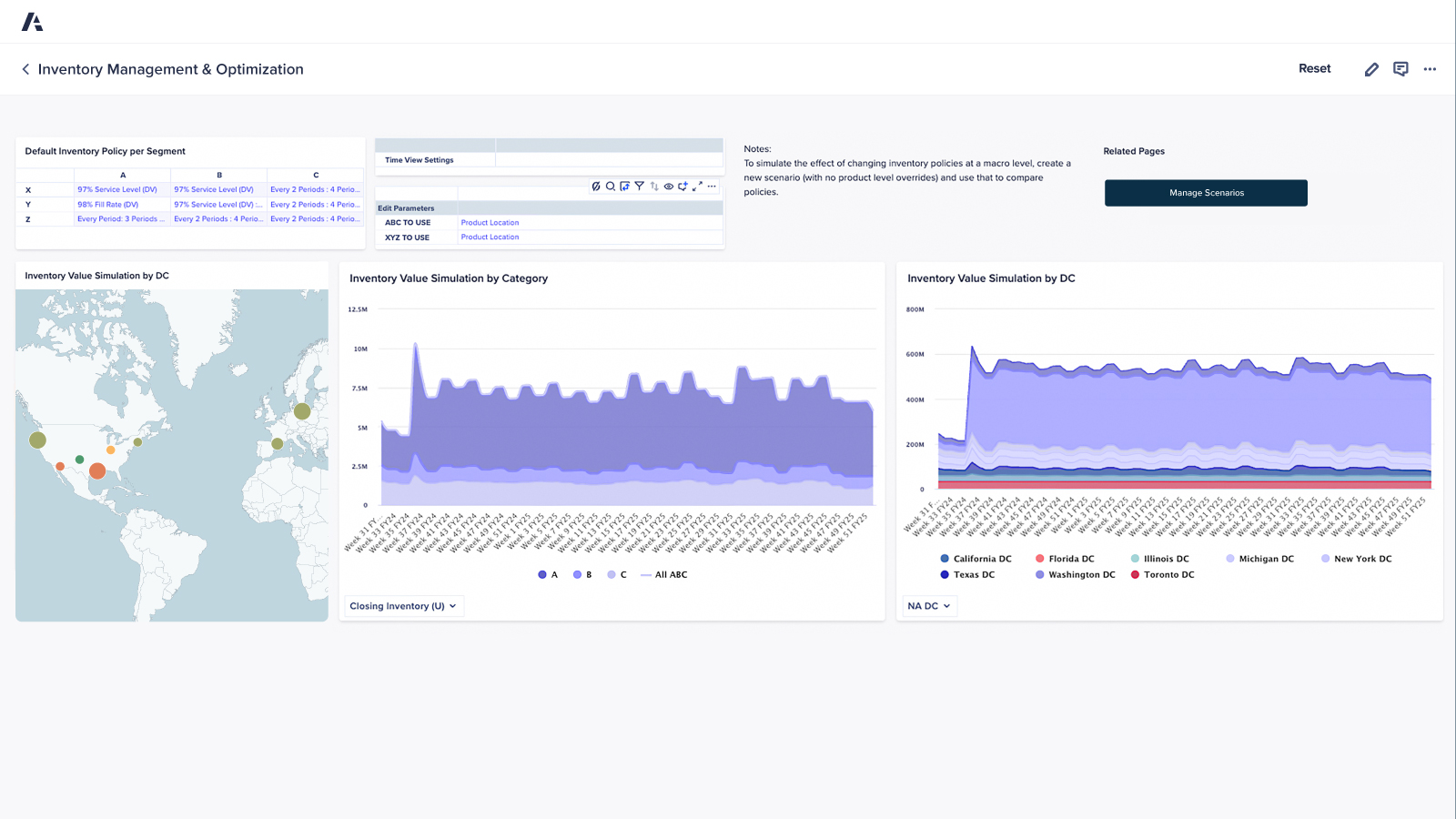 Anaplan dashboard on Inventory Management & Optimization. Simulation of inventory value by segment and region, with an image of a geographic map, category-level and distribution center-level inventory simulations, and default policy settings for service levels and planning periods.