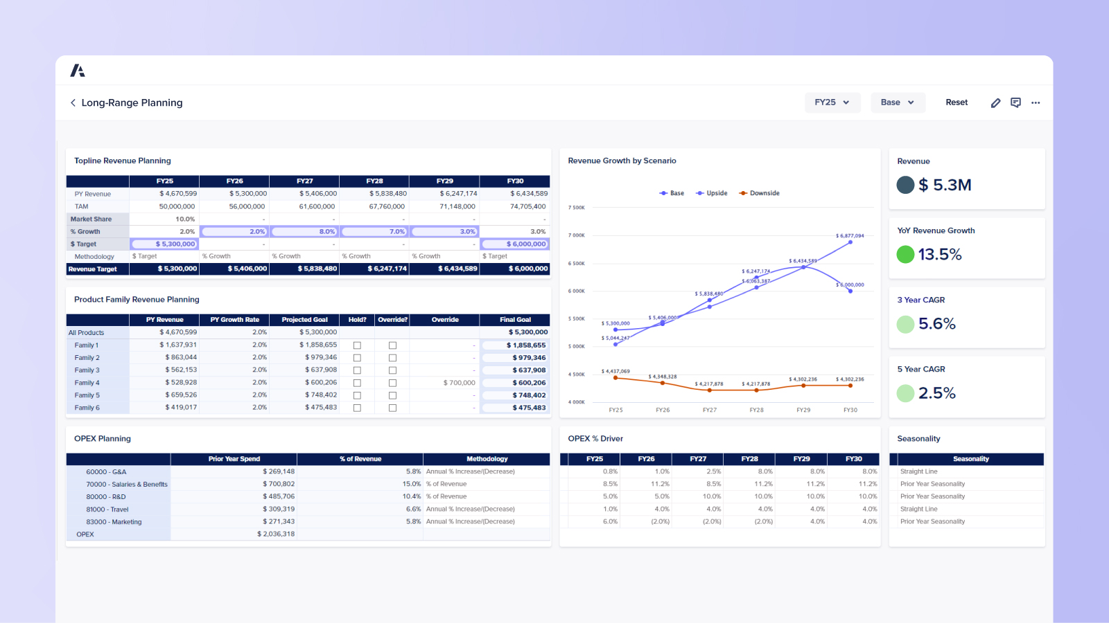 Long-Range Planning dashboard Displays revenue targets, growth rates, and scenario analyses with charts and tables.