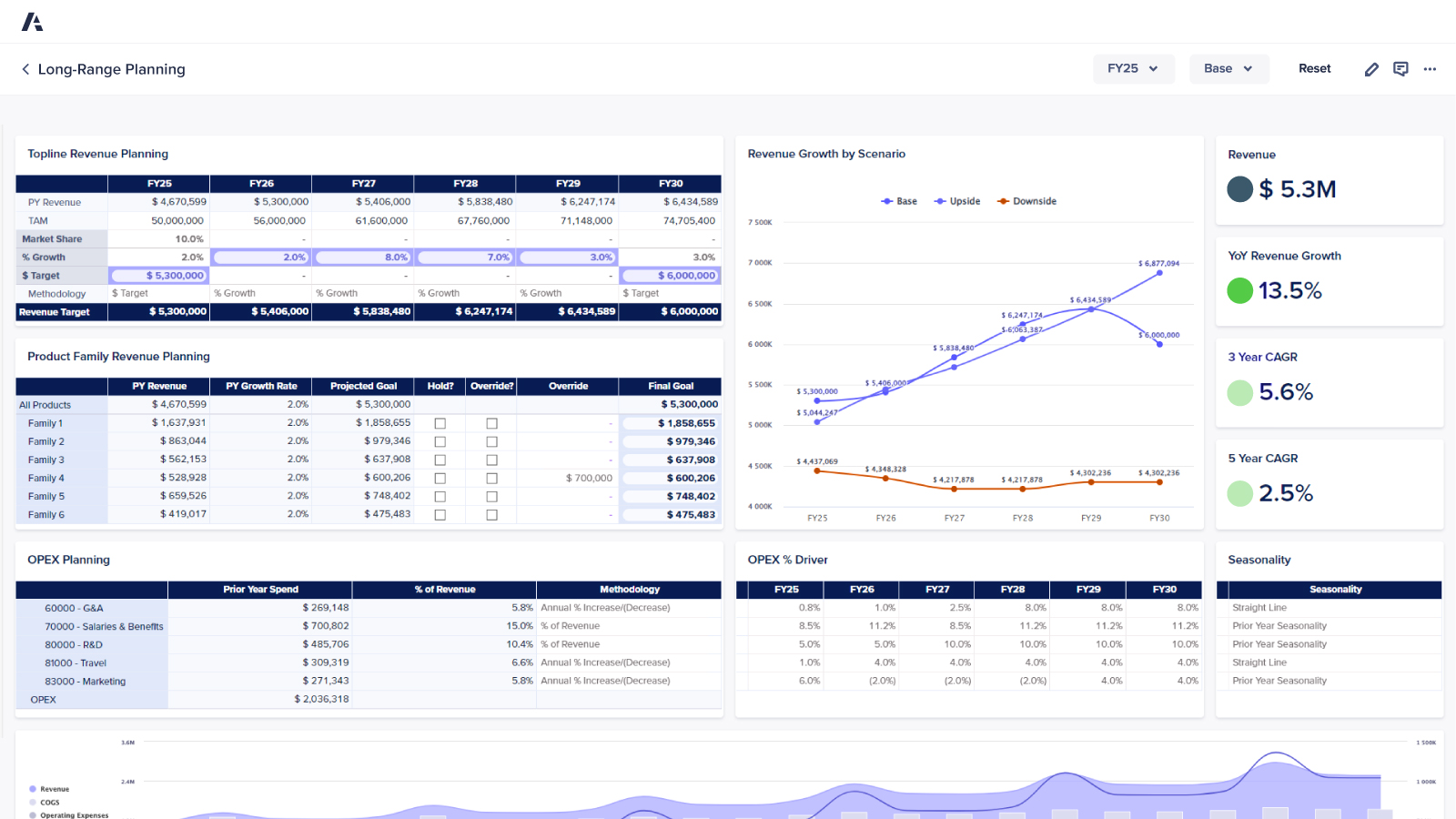An Anaplan long-range planning dashboard with revenue projections, OPEX planning, and growth scenarios. Includes charts, data tables, and key metrics like $5.3M revenue and 13.5% YoY growth.