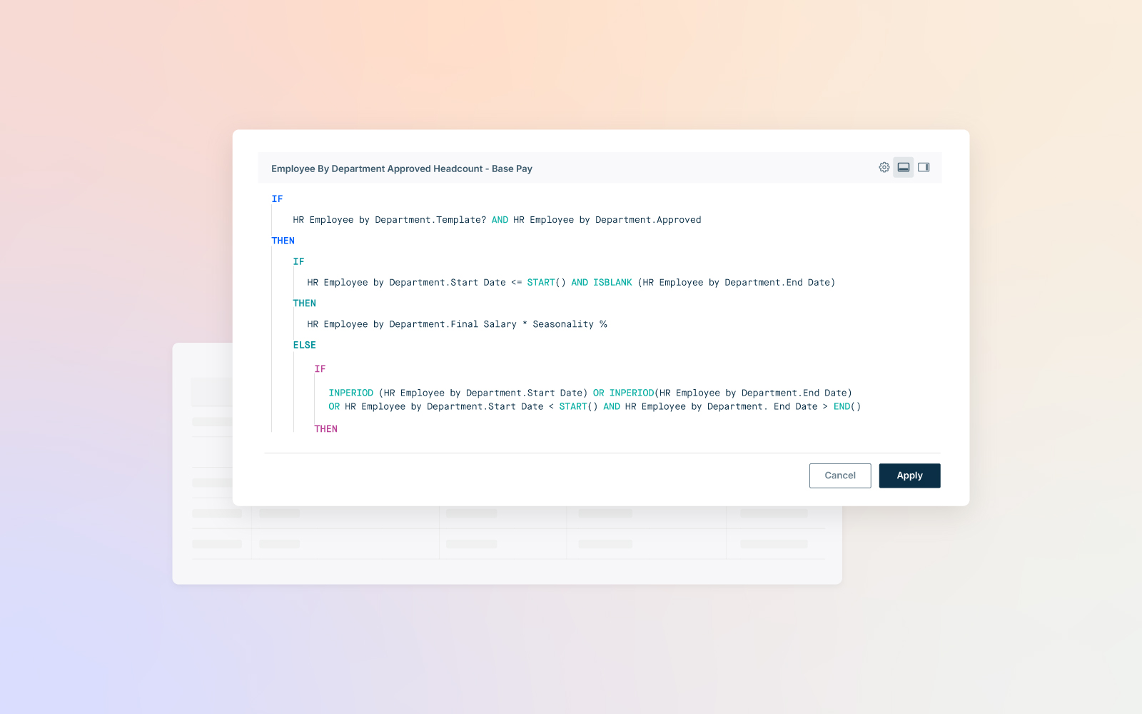 Image of a structured logic editor interface showing data rules and conditional logic over a soft pastel gradient background.