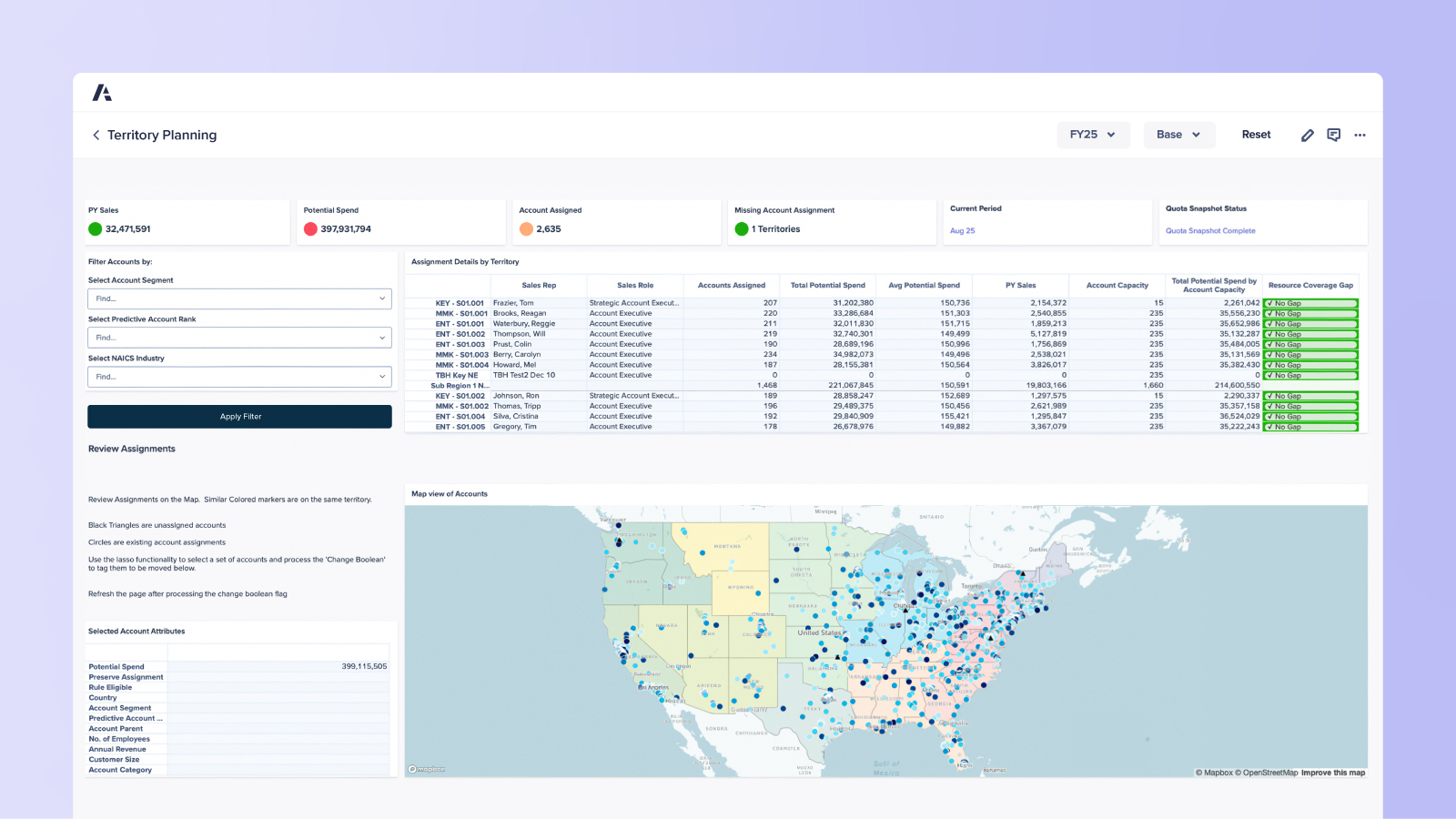 Anaplan dashboard for territory planning with interactive filters and a map. Displays account assignments, potential spend, and highlights unassigned accounts to support sales strategy optimization.