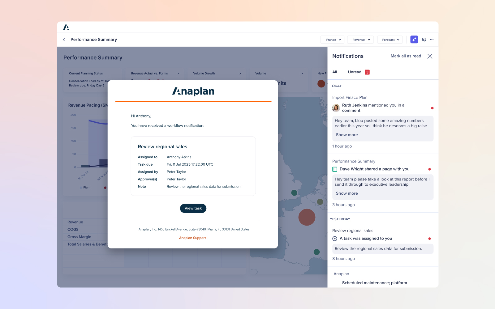 Anaplan notification panel and task details pop-up showing an assigned task to review regional sales, alongside recent notifications from colleagues and system updates.
