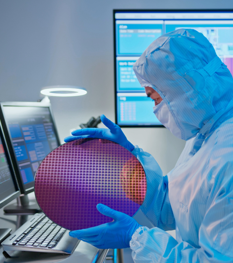 A technician in a cleanroom suit examining a semiconductor wafer in a high-tech lab with computer monitors displaying data.