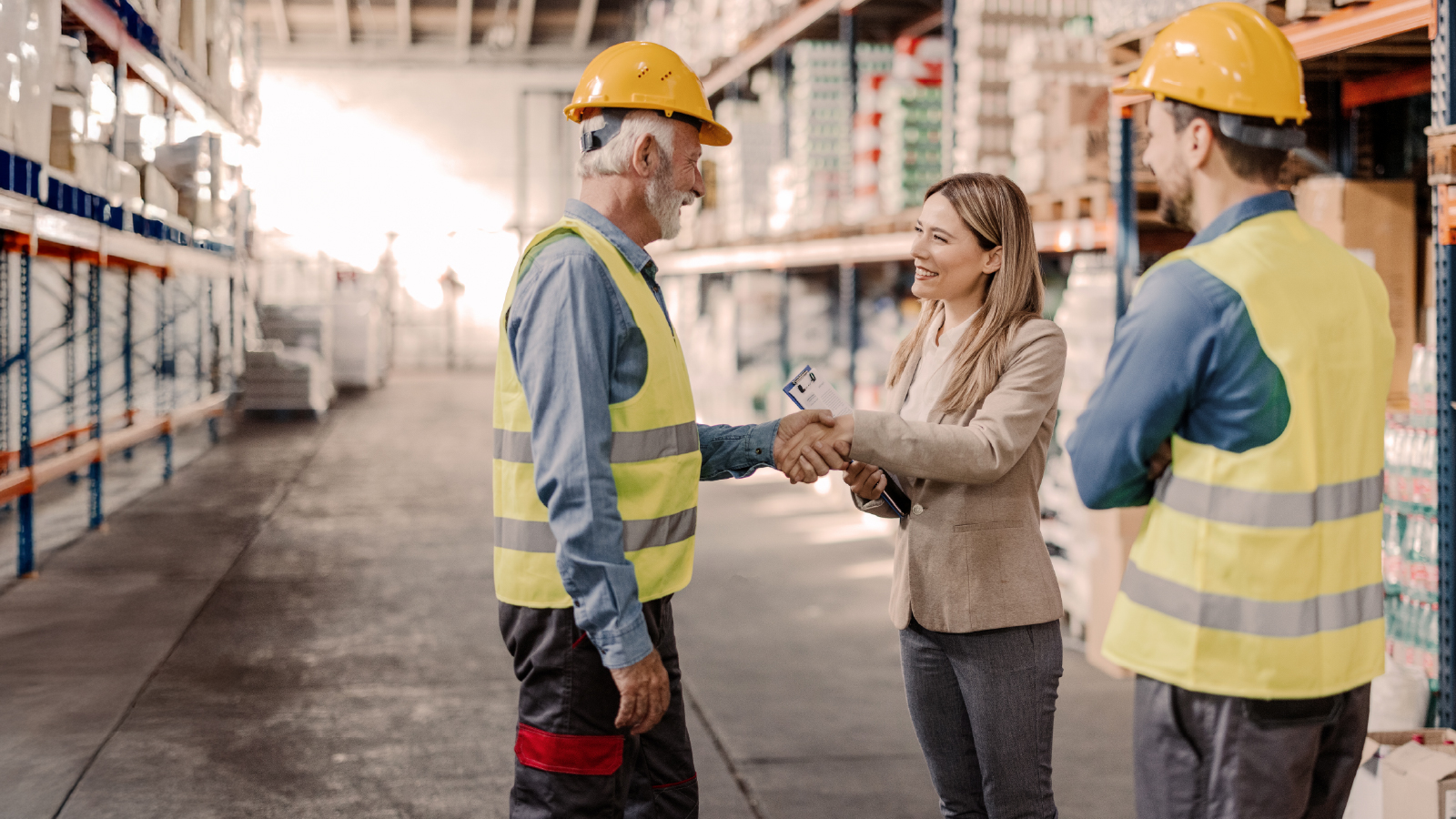 Woman shaking hands with warehouse worker in safety gear inside a stocked warehouse.