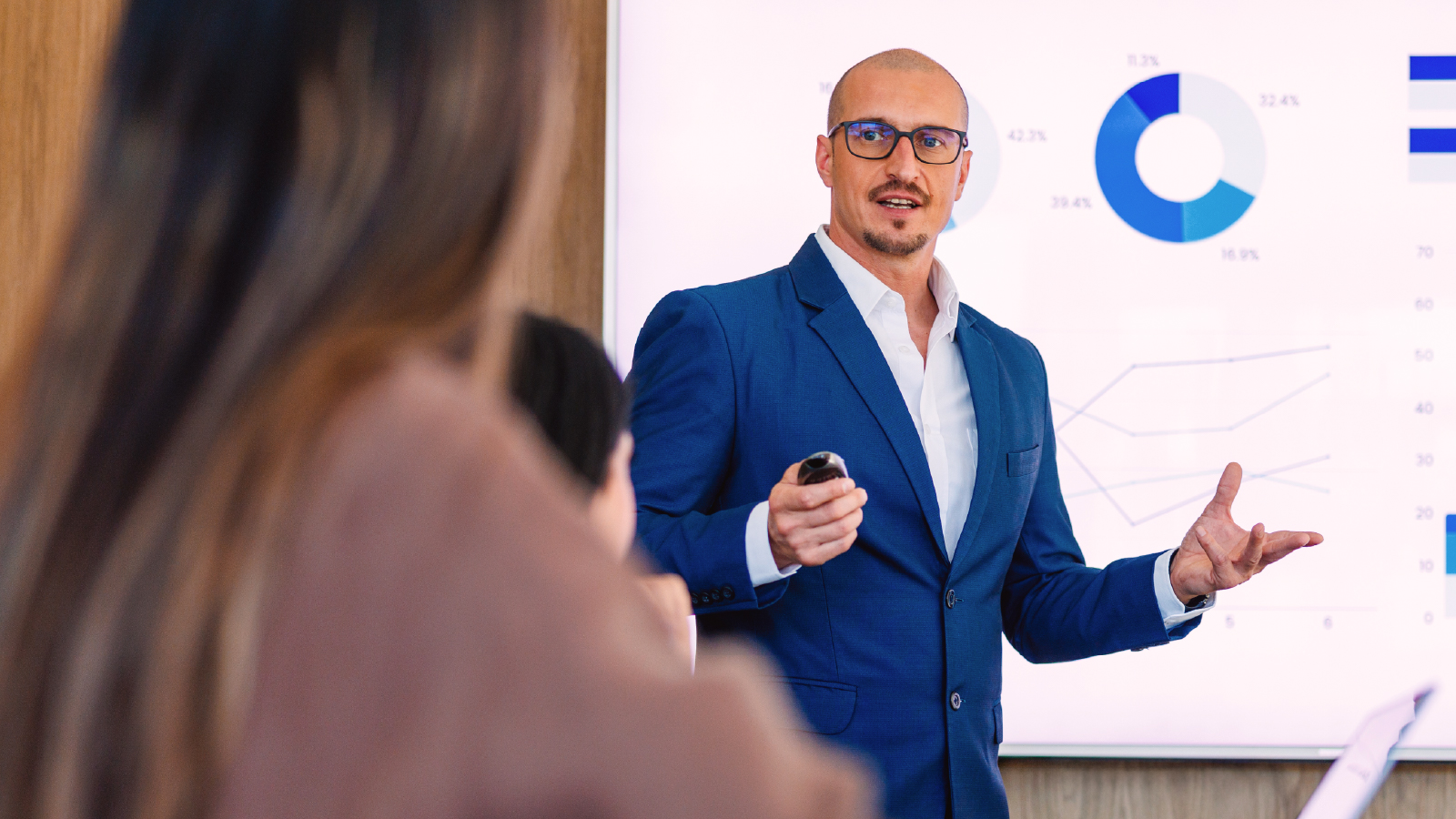 A man in a blue suit giving a presentation to colleagues, with financial graphs and pie charts displayed on a screen behind him.