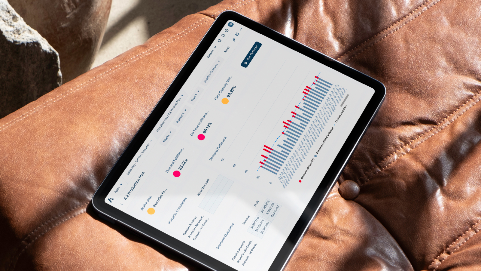 Image of a tablet placed on a leather couch showing a Production planning dashboard view