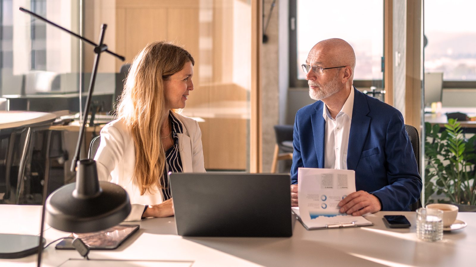 Two colleagues in a bright modern office reviewing documents and a laptop, discussing finance and technology strategy.