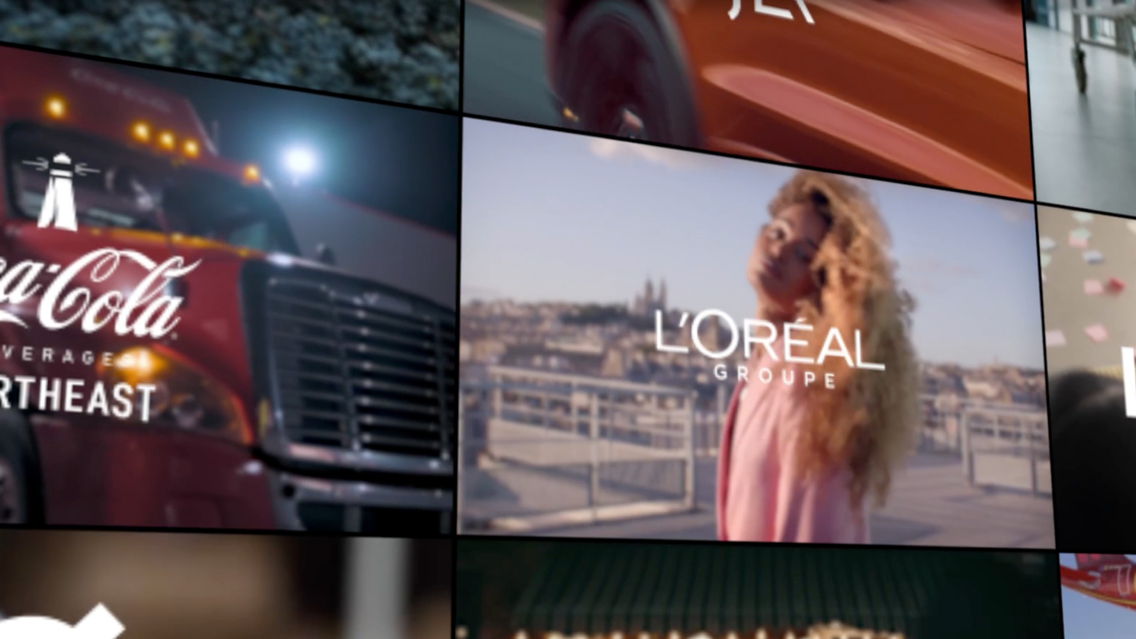 A collage of brand visuals including Coca-Cola Northeast and L’Oréal Groupe logos, representing customer success stories.