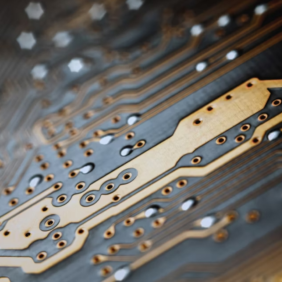 Close-up view of a circuit board featuring intricate gold and black components, showcasing detailed electronic design.