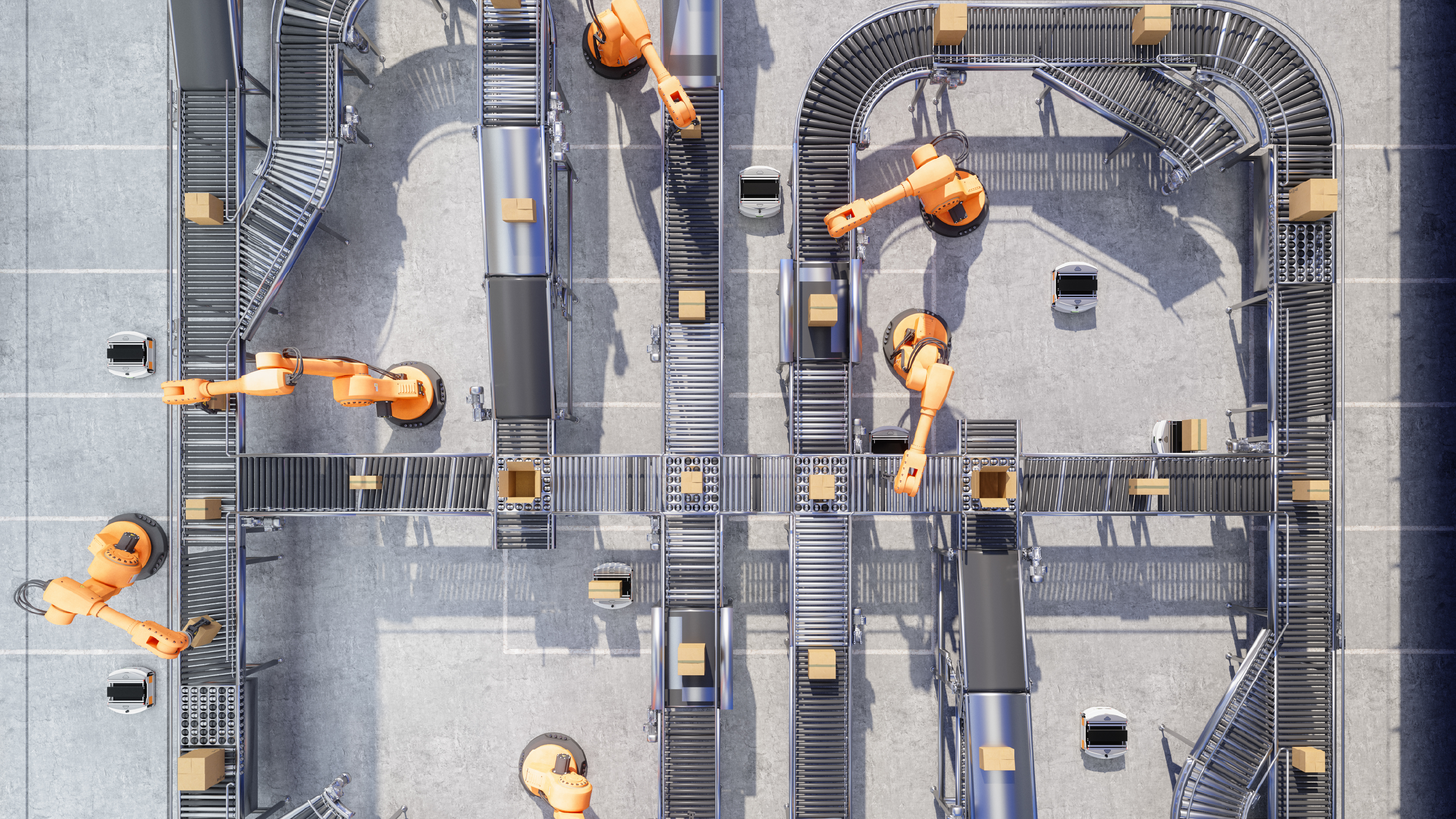 A top-down perspective of a modern logistics facility featuring orange robotic arms and multiple conveyor systems transporting boxes.