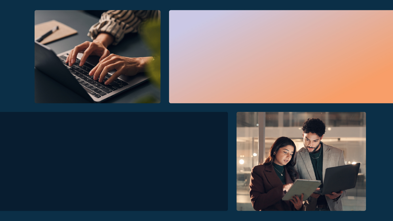 A close-up of hands typing on a laptop beside a notebook, and a medium shot of two colleagues standing together reviewing information on a tablet and laptop in a modern office at night.