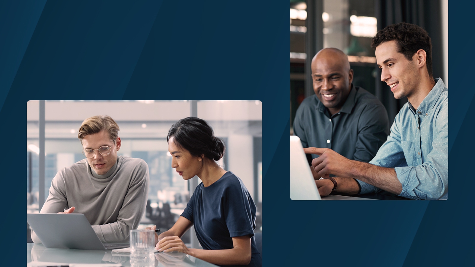 Two professionals collaborating over a laptop at a glass table in a modern office environment, alongside another scene of two colleagues reviewing and discussing content displayed on a laptop.