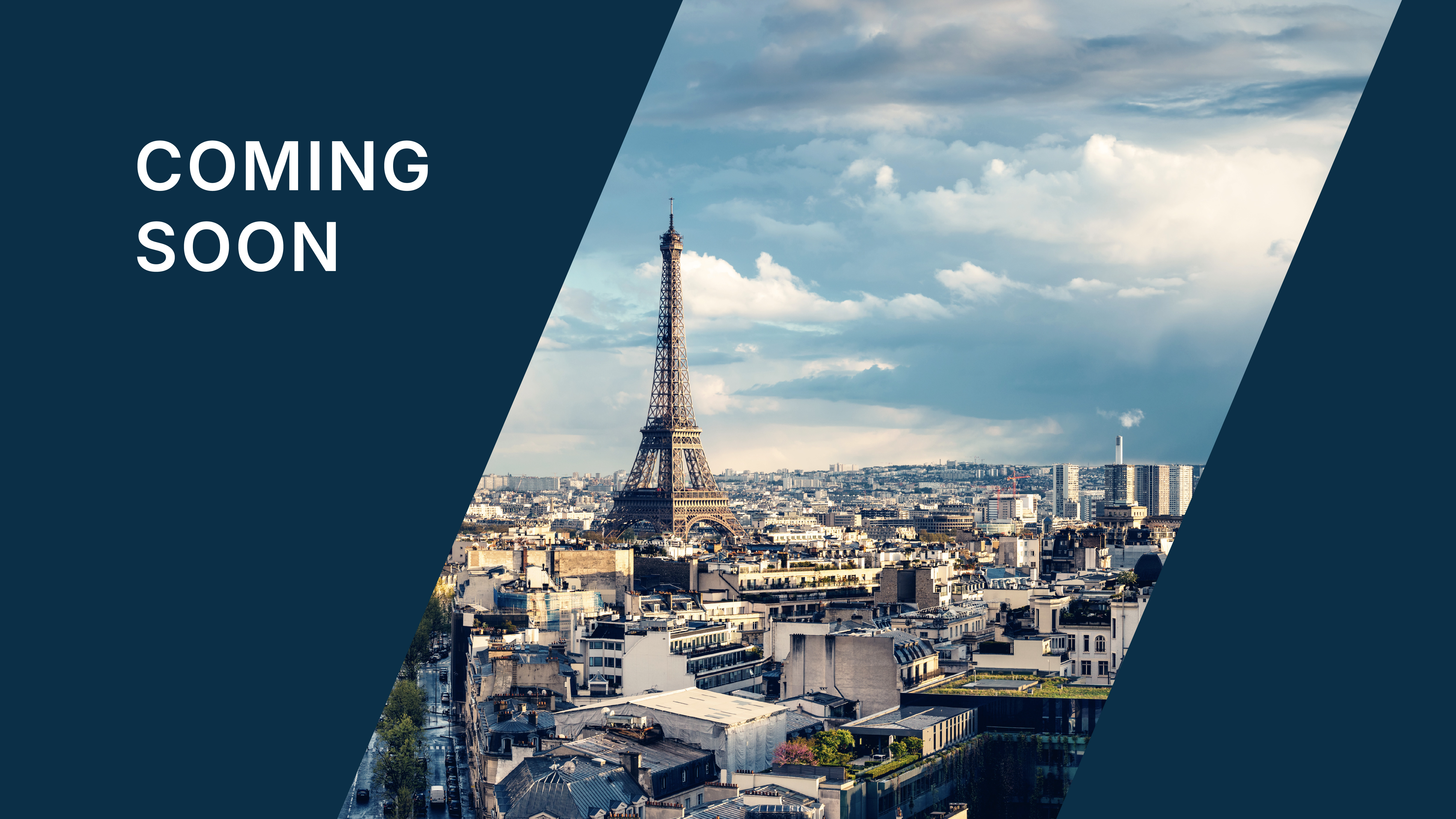 Coming Soon text displayed on a dark blue panel alongside a panoramic view of Paris, with the Eiffel Tower rising above the city under a partly cloudy sky.