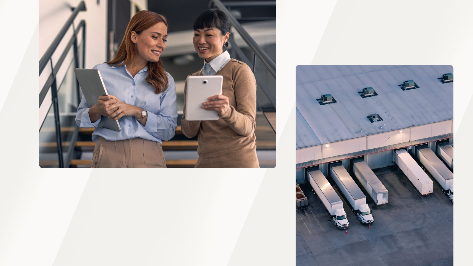 A woman shows a tablet to her colleague inside a stairwell, while a large logistics warehouse with docked delivery trucks is pictured on the right.