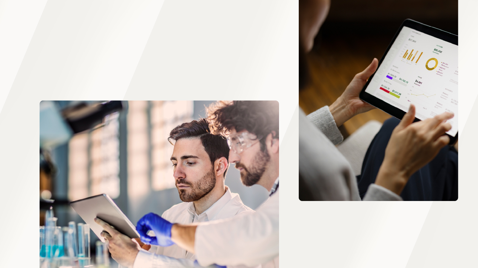 Two professionals in a laboratory setting collaborating on a digital tablet, alongside a person analyzing a dashboard on a tablet.