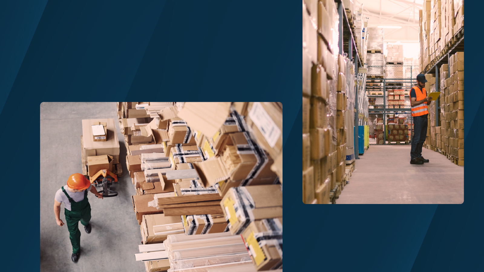 Warehouse inventory being checked and organized, with workers managing boxes and storage aisles, overlaid on ink background.