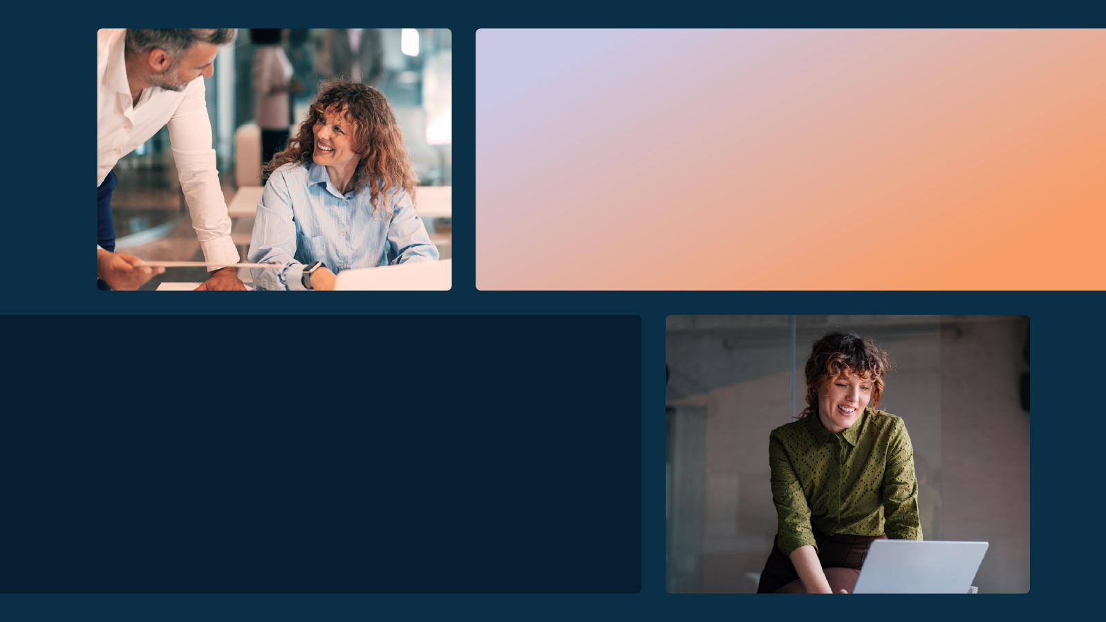 A collage of two images: the top-left shows a man leaning over a desk while talking with a woman who is smiling back at him in a bright office; the bottom-right shows the same woman with curly hair and a green blouse working on a laptop; the remaining panels feature a large blank navy-blue block and a soft gradient block in peach and lavender tones.