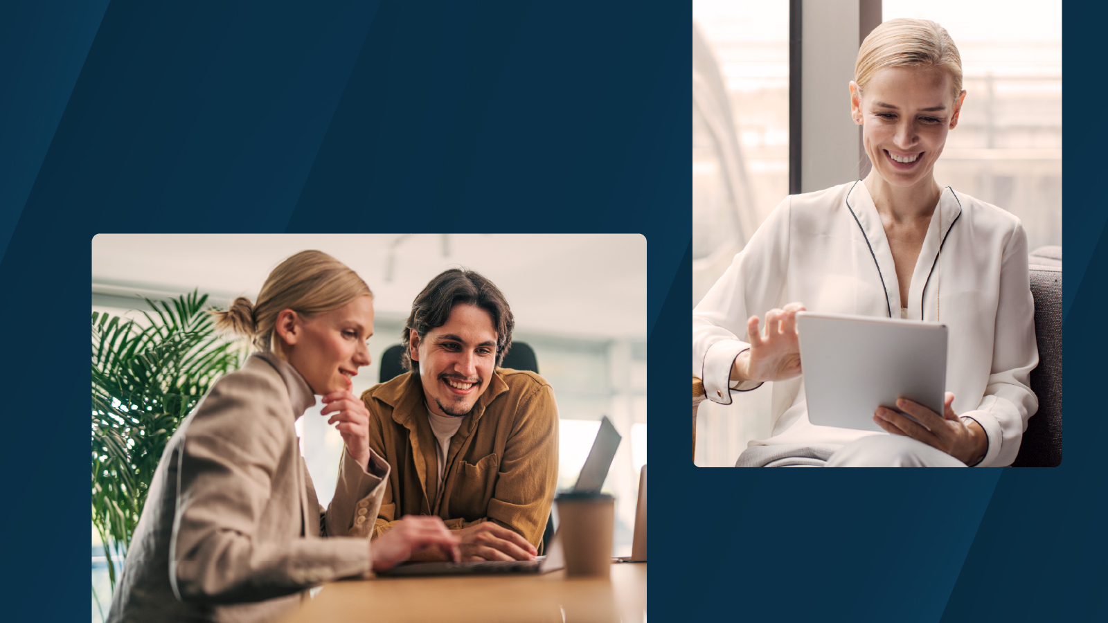 Two images: a woman smiling while using a tablet, and two colleagues working together on a laptop at a desk.