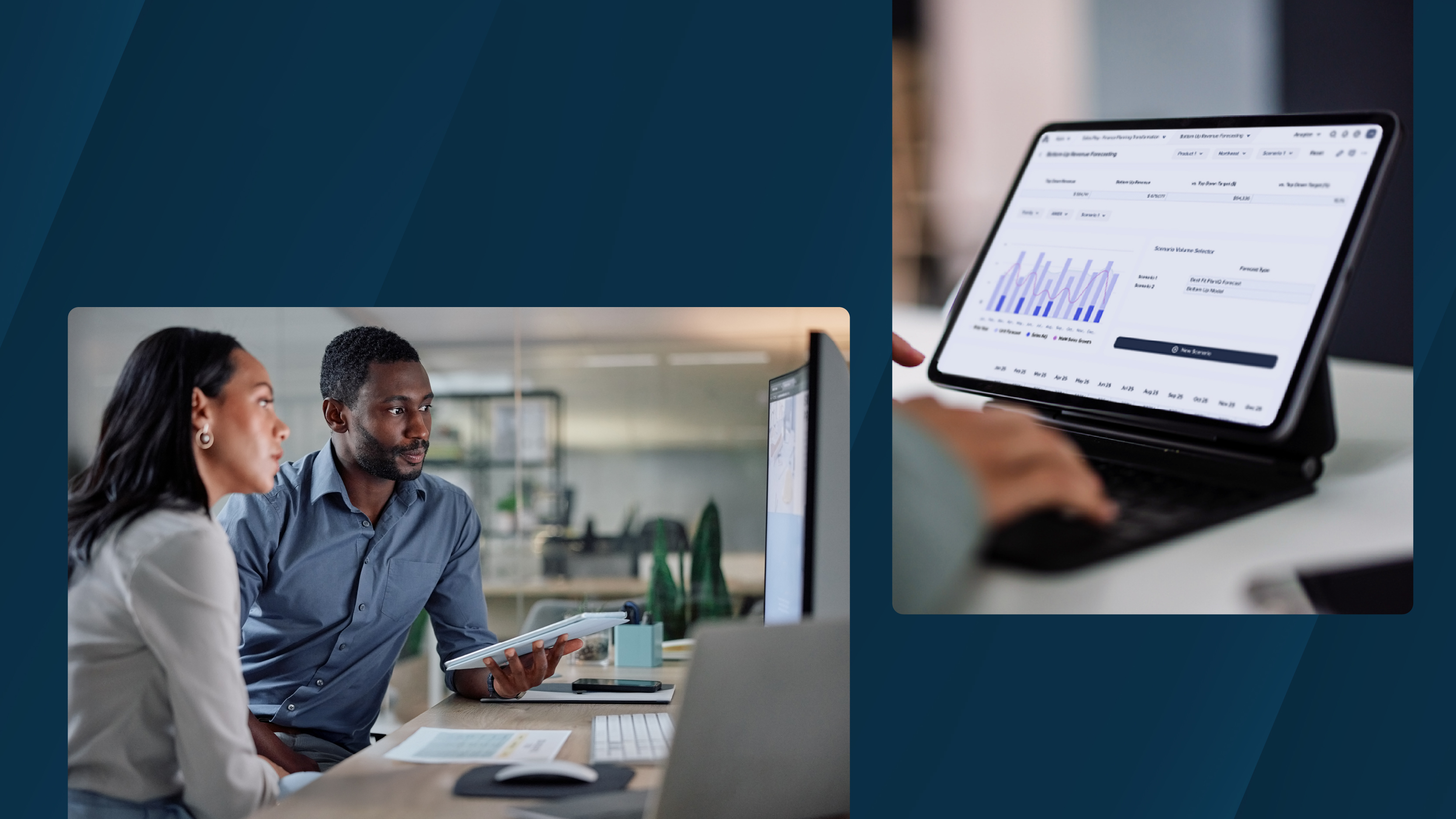 Collage of two office scenes: a close-up of a tablet showing financial data charts, and two professionals collaborating at a desk with a computer and documents.