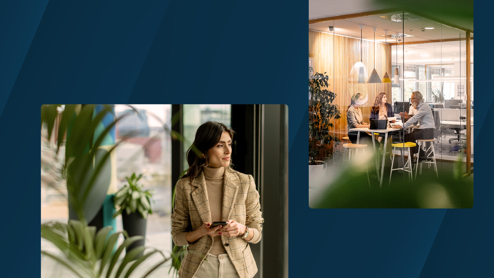 Woman standing indoors by a large window holding a phone, and three colleagues meeting in a modern glass-walled office, partially obscured by plants.