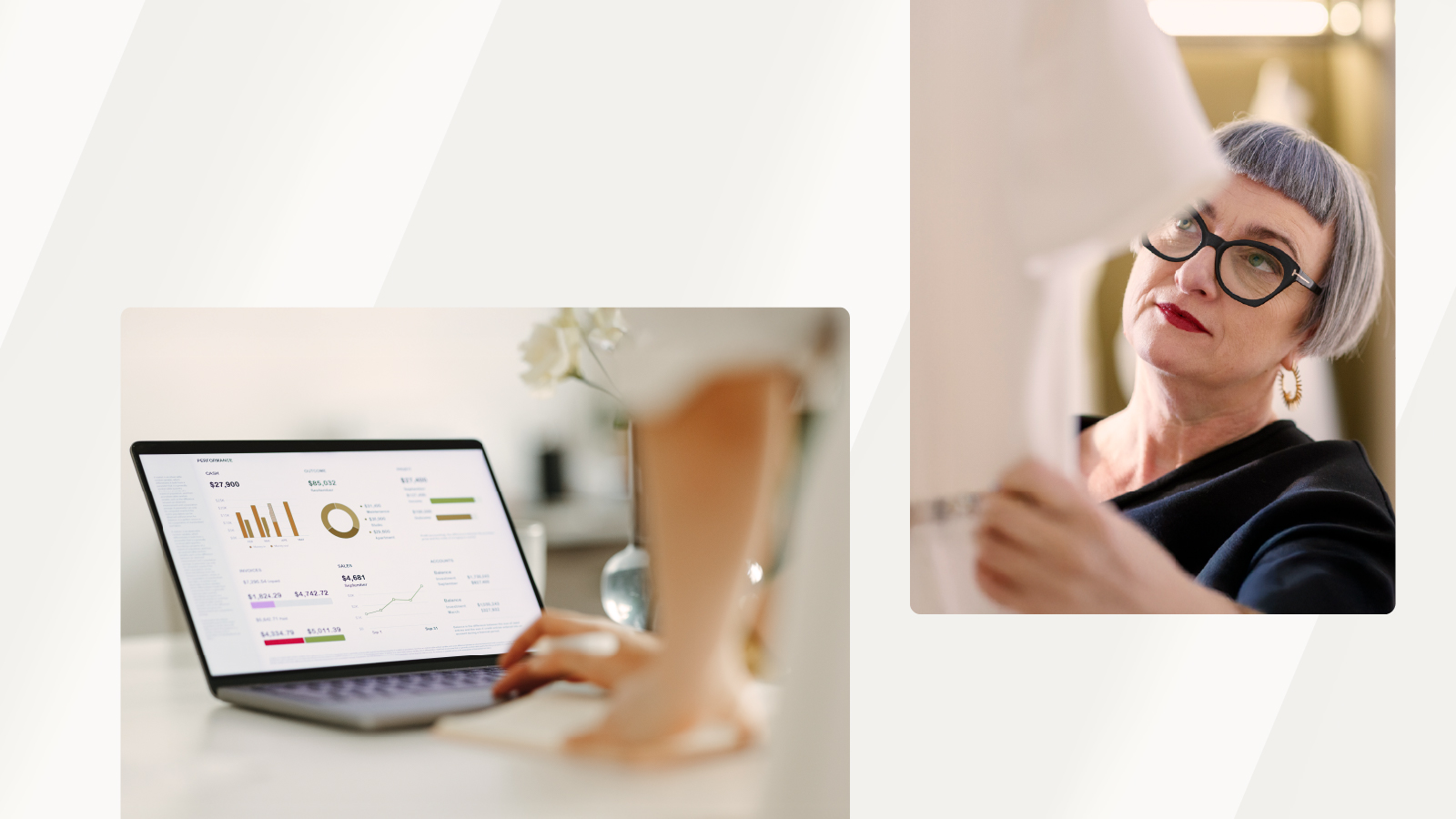 Laptop displaying data charts on a desk with a person’s hand resting nearby, alongside a woman examining a garment in a studio setting.