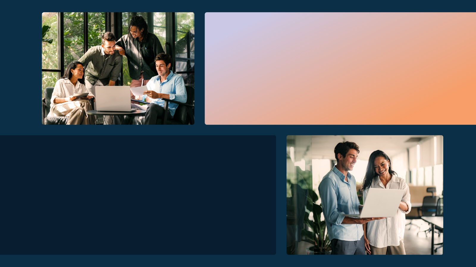 A collage showing two scenes: a group of four colleagues collaborating around a laptop in a sunlit office and two coworkers standing together reviewing content on a laptop in a modern workspace.