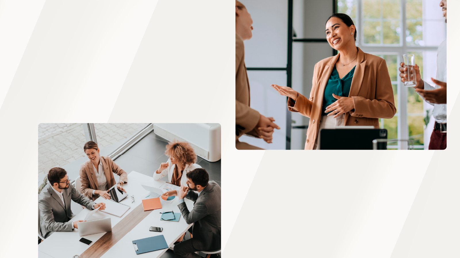 Four professionals in a modern office setting engaged in discussion, with one image showing a group meeting around a table and another showing a smiling woman speaking in a collaborative environment.