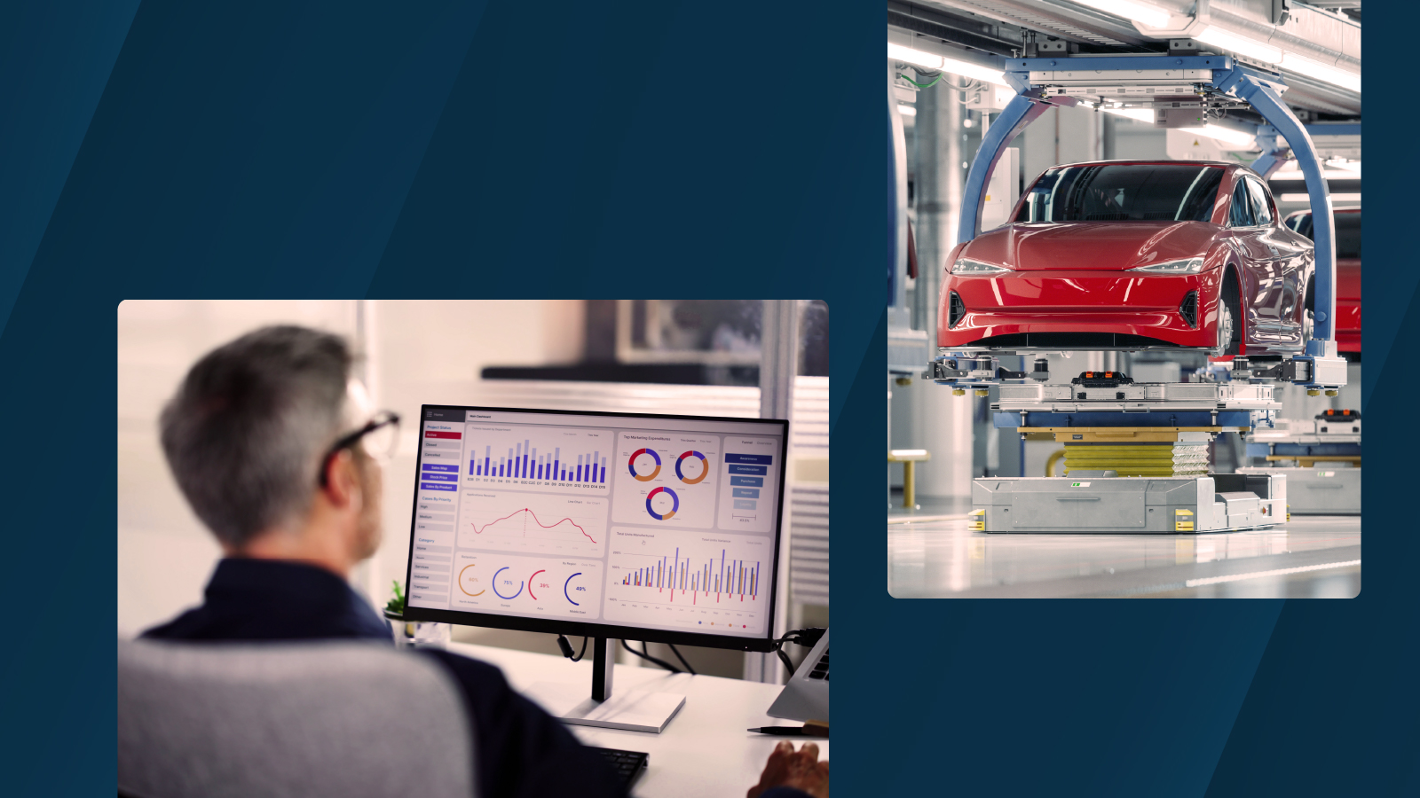 Split image showing a man analyzing charts on a computer monitor alongside a red electric vehicle on a factory assembly line.