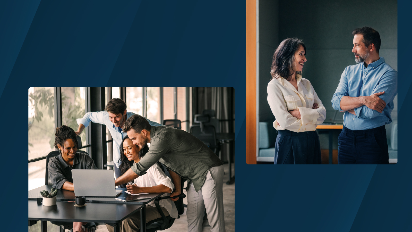 A diverse team gathers around a laptop in a bright office. Above, a woman and a man face each other, smiling with arms crossed.