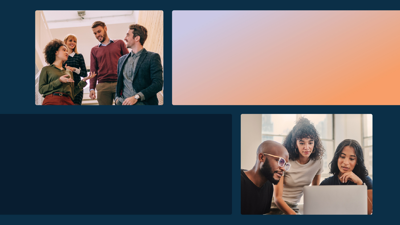 Two images: one showing four coworkers walking down an office staircase while talking together, and another showing three colleagues gathered around a laptop in a bright workspace.