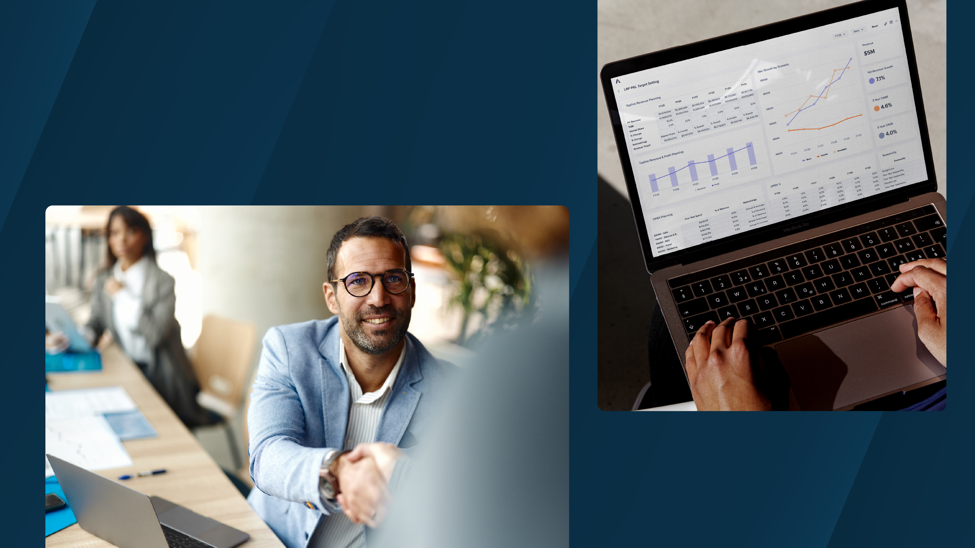 A split-layout collage showing two scenes: on the left, a smiling man in glasses and a light blue blazer reaches forward in a handshake across a desk with paperwork and a laptop visible; in the background, a blurred colleague sits at the table. On the right, a close-up of a laptop screen displays financial dashboards with charts, graphs, and performance metrics while a person types on the keyboard.