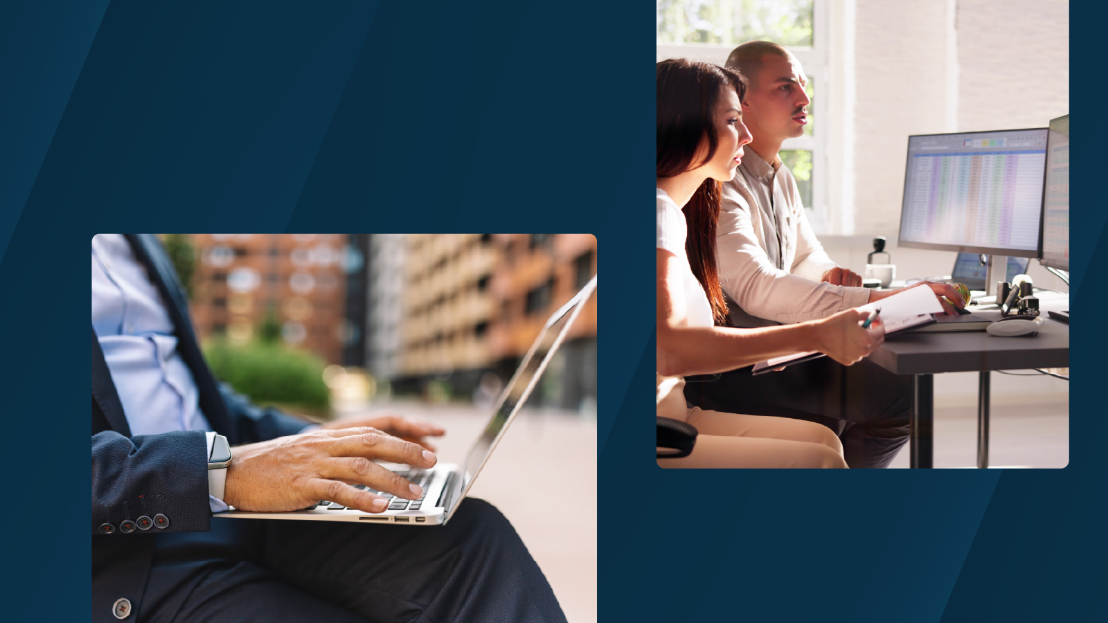 Split image showing two people analyzing data on dual monitors and a businessman typing on a laptop outdoors.