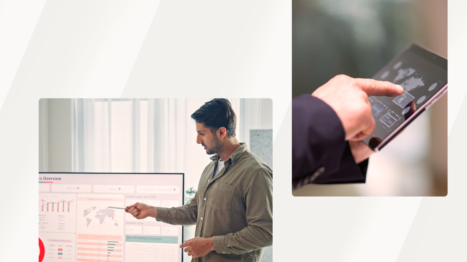 A close-up of a hand using a tablet with a digital map, alongside a man presenting charts and graphs on a large display screen.