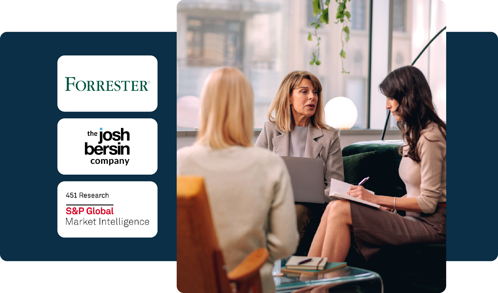 Three professional women in a business meeting, seated in a modern office space, with analyst logos (Forrester, The Josh Bersin Company, S&P Global) displayed to the left.