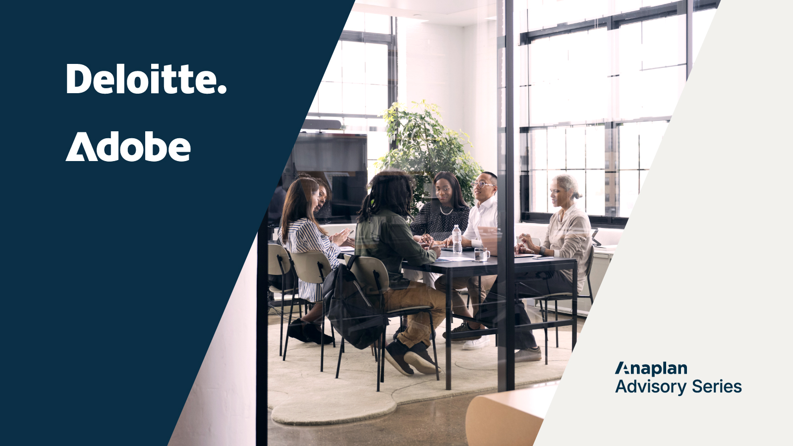Deloitte and Adobe Logos displayed. A diverse team meets around a conference table in a modern glass-walled room.