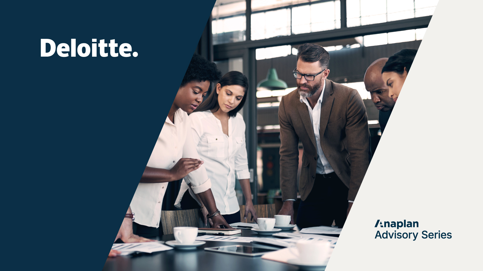 Deloitte Logo displayed left. A group of five colleagues reviews documents and charts at a conference table.