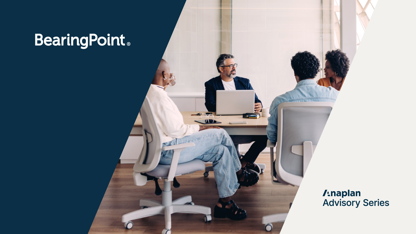 BearingPoint and Anaplan Advisory Series. The image shows a man presenting to a group in a bright meeting room, suggesting strategic dialogue.