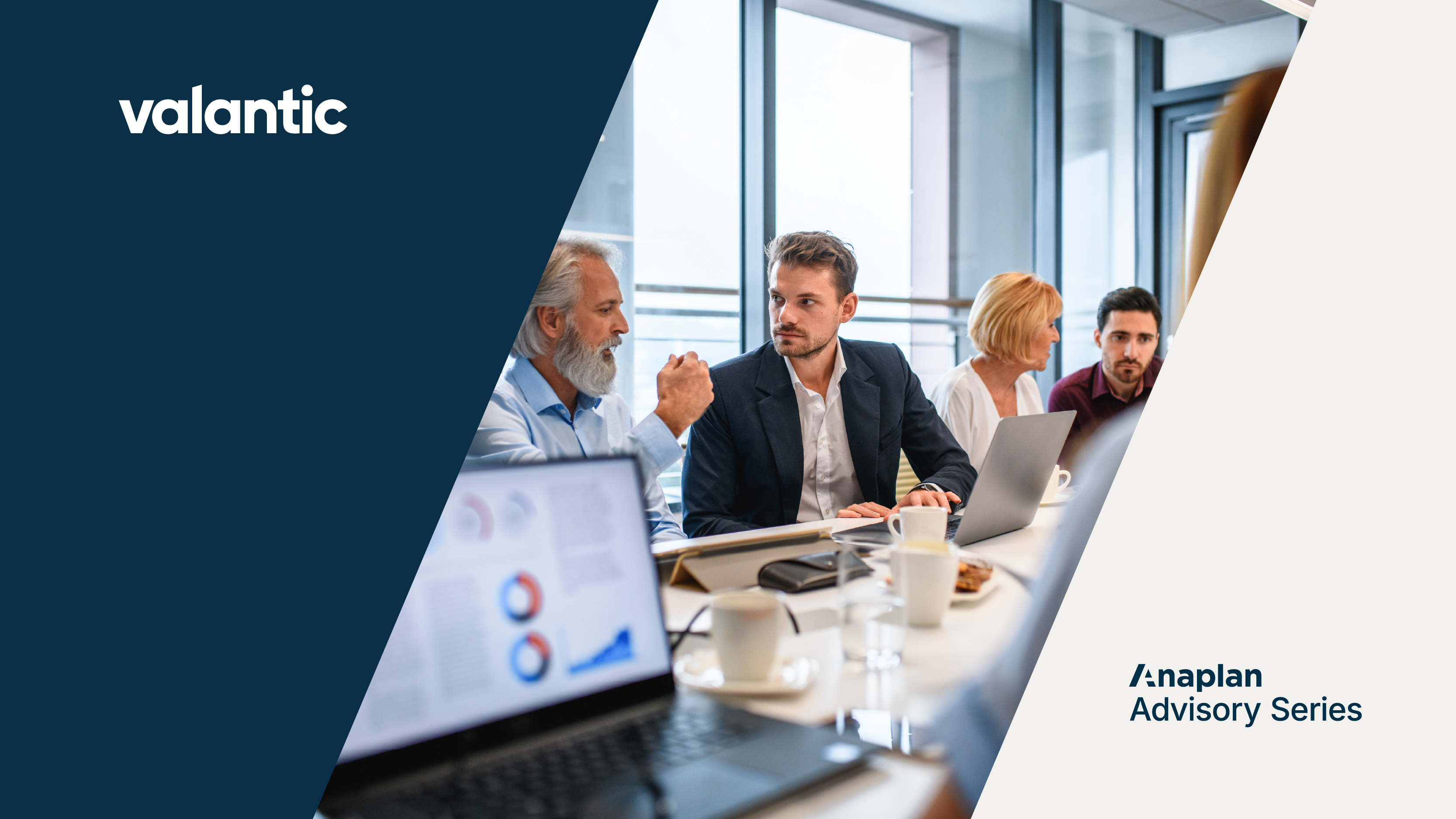 Valantic logo on the top left and Anaplan Advisory Series on the lower right, with a group of professionals in a modern office engaged in discussion around a table with laptops and charts.