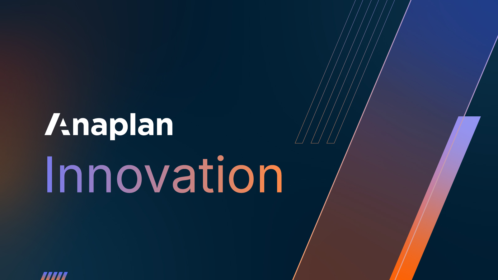 Anaplan Innovation graphic on a dark blue gradient background with angled color-accented stripes and modern geometric lines.