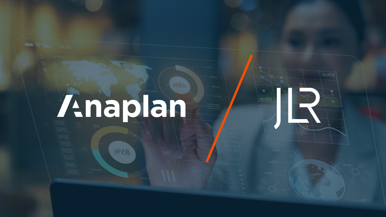 Anaplan and JLR Logos displayed center. A semi-transparent data dashboard overlays a blurred woman in business attire, representing digital transformation and analytics.