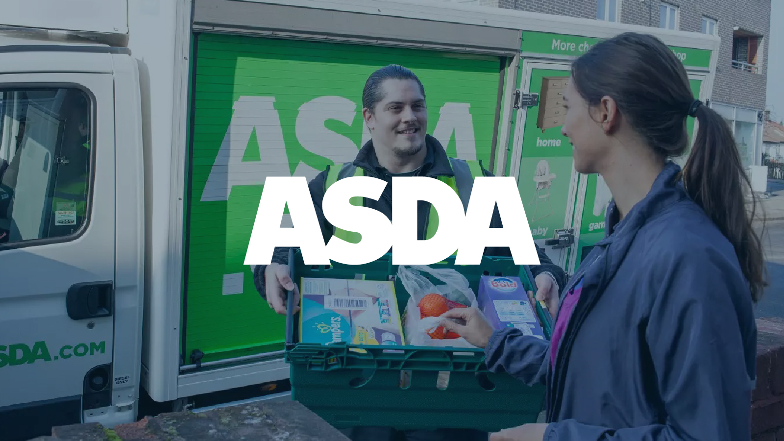 The ASDA logo overlaid on an image of an Asda delivery worker handing groceries to a customer near a green Asda delivery van.
