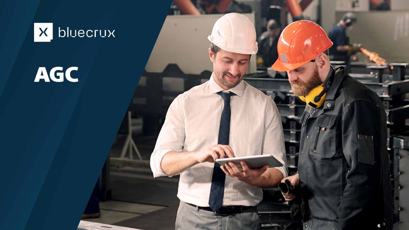Bluecrux and AGC logos displayed on a dark blue background, showing two men in safety helmets reviewing a tablet in a manufacturing facility.