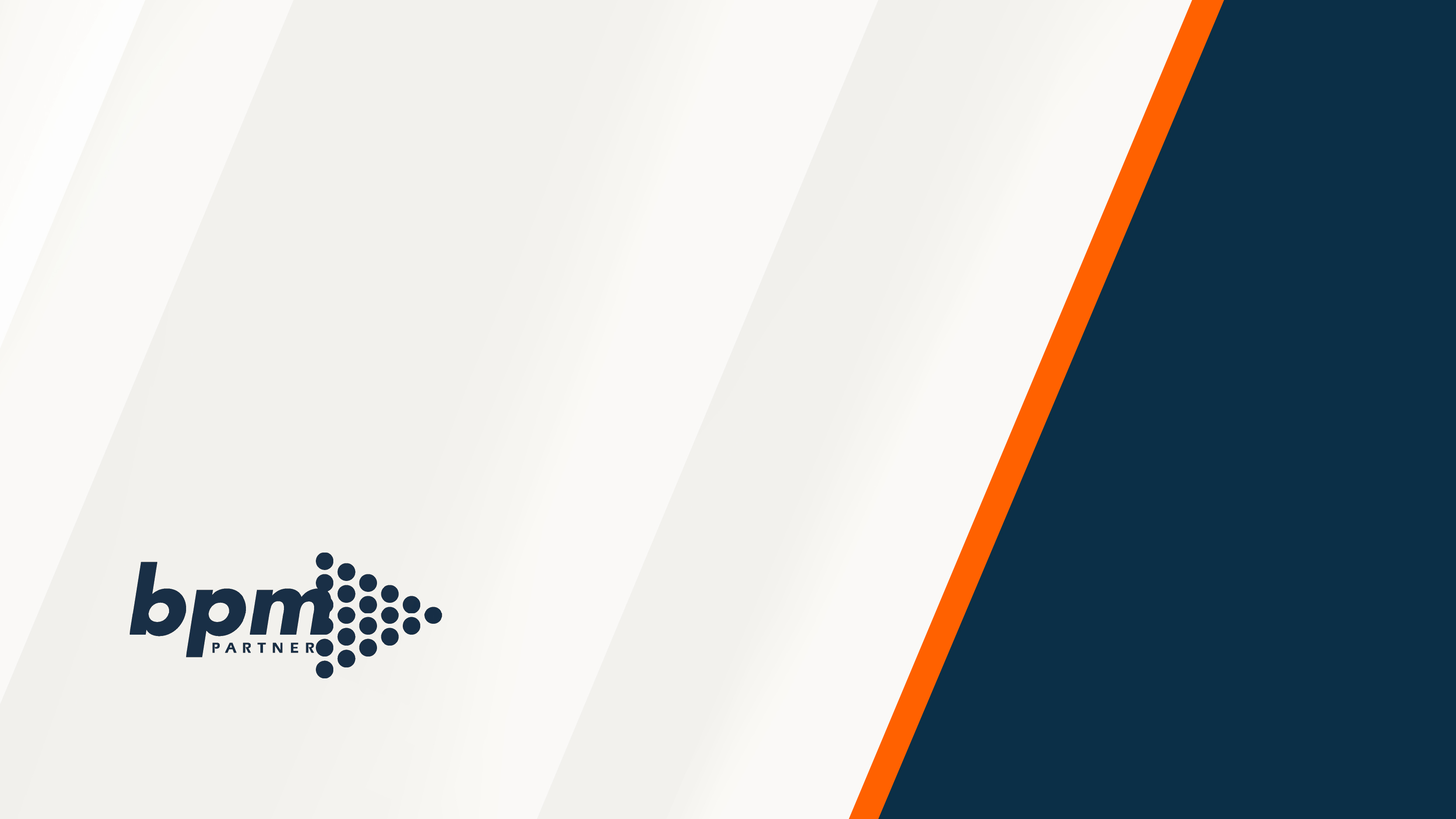 BPM Partners Logo displayed bottom left. Diagonal bands of white, orange, and navy blue form a modern abstract background.