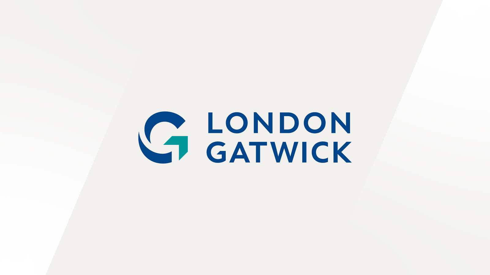 London Gatwick logo displayed center. London Gatwick logo featuring a stylized “G” with an arrow, in blue and teal, next to the brand name in bold blue text.