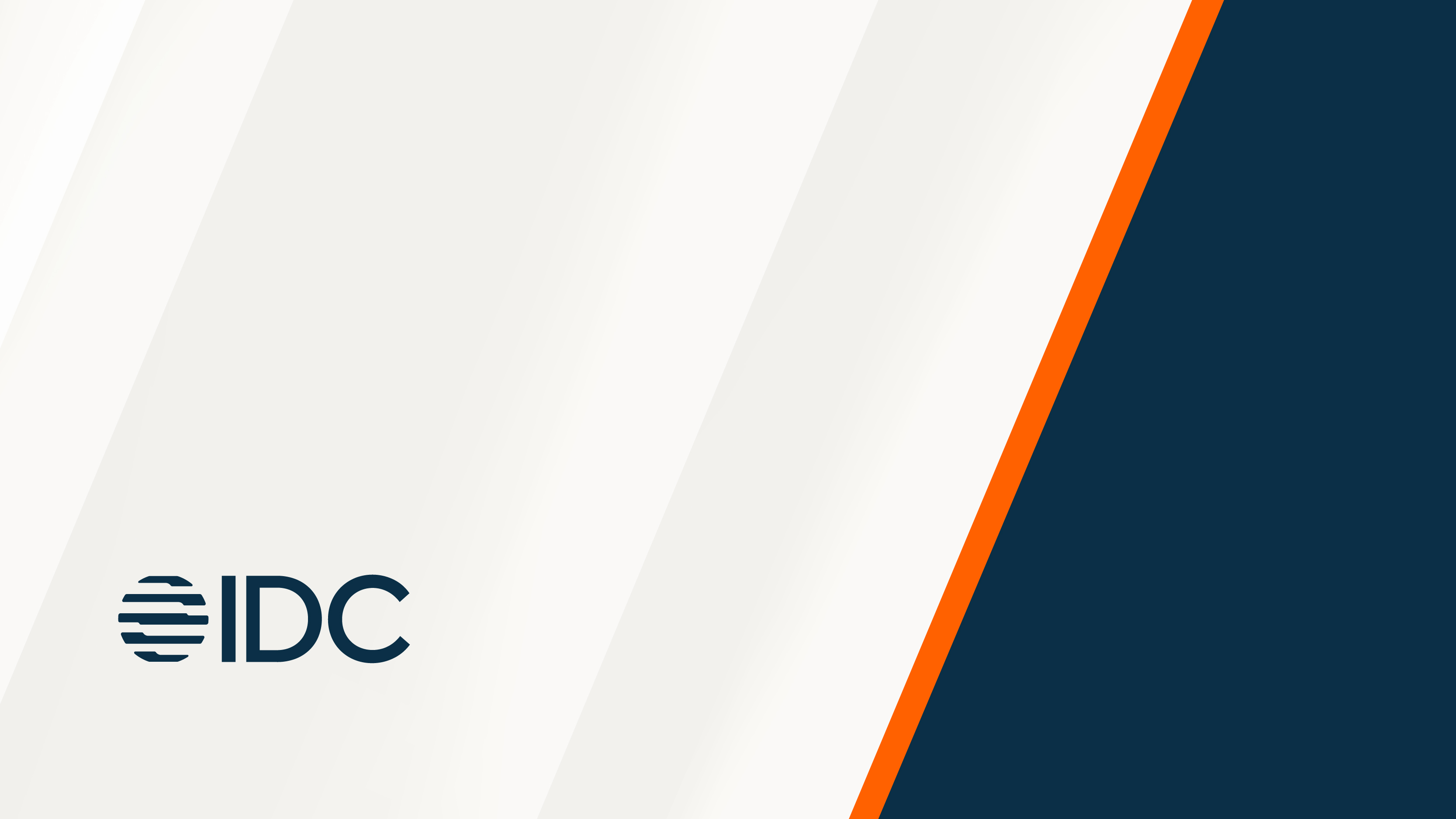 IDC logo on a white background with diagonal grey streaks and a bold navy-blue panel accented by an orange stripe on the right.