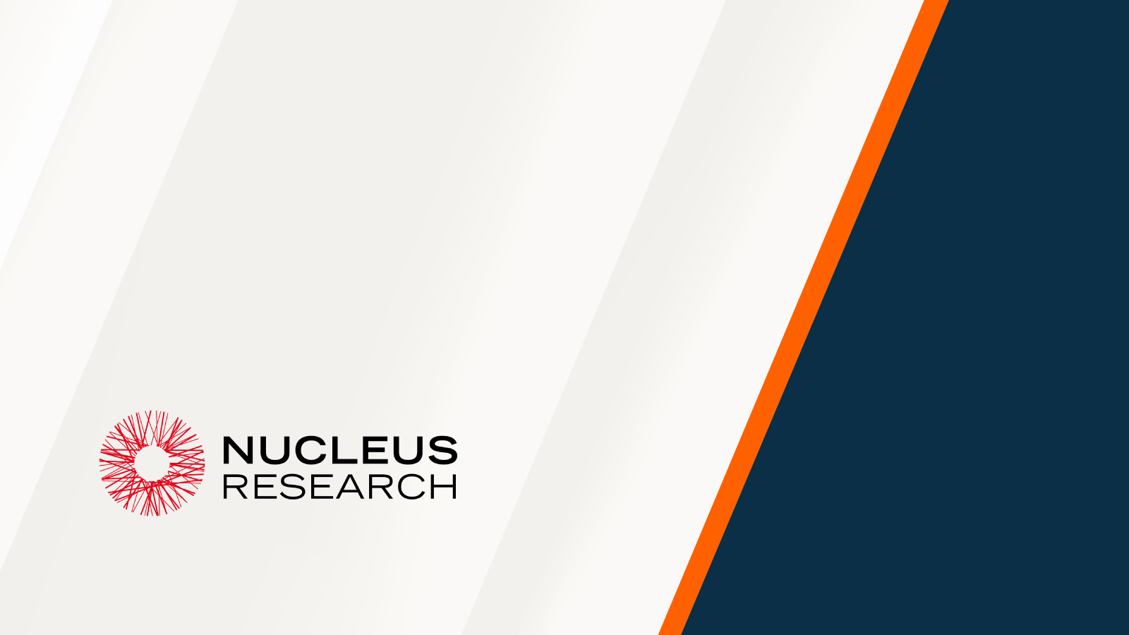 Nucleus Research logo displayed on a light background with diagonal white and navy-blue panels and a bold orange accent stripe.