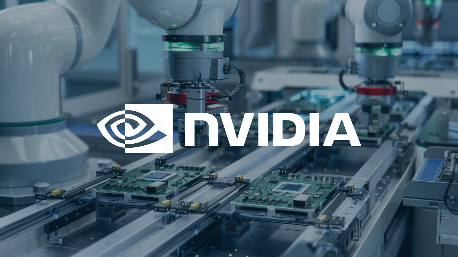 NVIDIA logo overlaid on a close-up of robotic arms assembling circuit boards in a tech manufacturing setting.