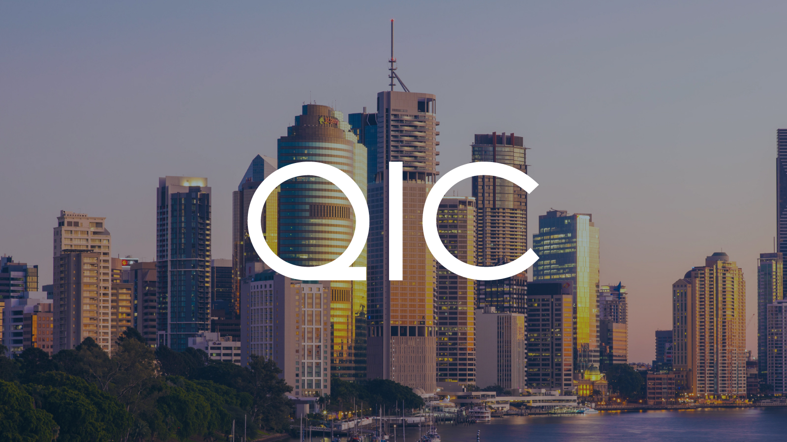 QIC logo displayed center. Brisbane skyline in the background at sunset, with warm light reflecting off high-rise buildings.